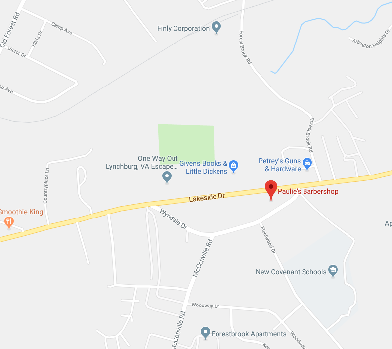 Map showing Paulie's Barber Shop location in Lynchburg, Virginia